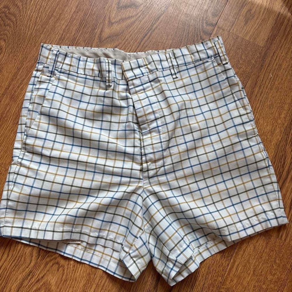 Vintage High Waisted Plaid Shorts Blue Yellow Brown Check Retro Preppy 27 Waist